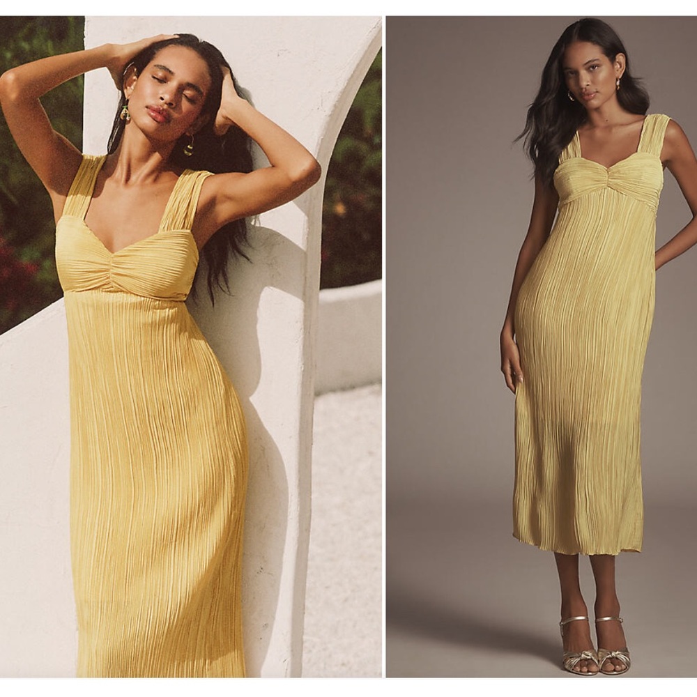 ANTHROPOLOGIE PLEATED SATIN MIDI DRESS GOLDEN YELLOW SIZE S/L NWT